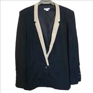 HELMET LANG BLAZER BLACK TAN ONE BUTTON WOOL BLEND NOTCH LEATHER COLLAR SIZE 12